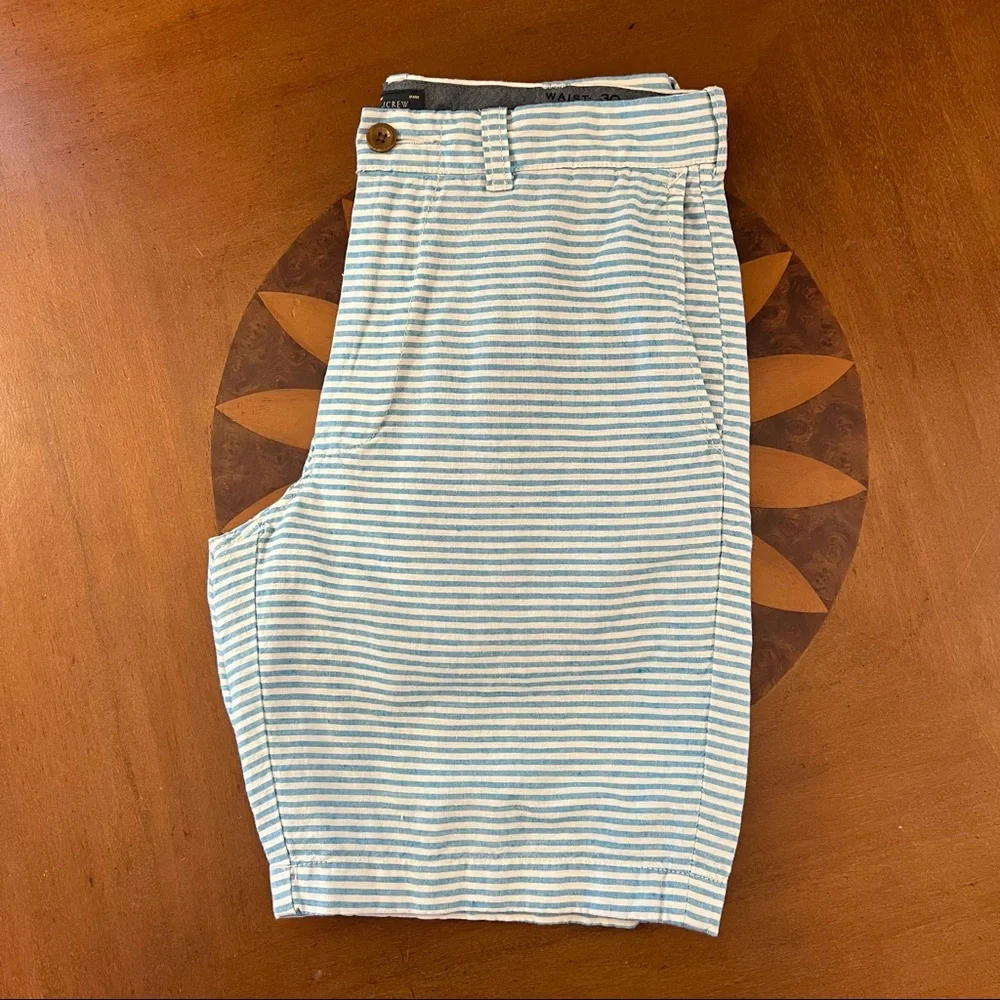 J.‎ Crew Striped 9” Inseam Stanton Shorts Linen Aqua Blue 30 Flat Front Beach